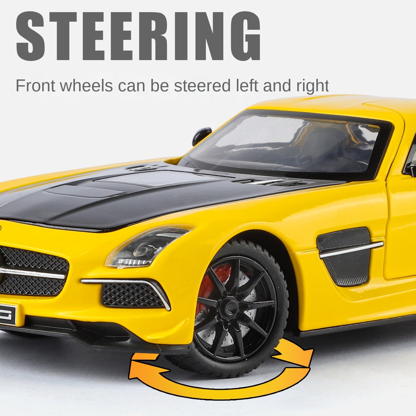 Juguete modelo de aleación fundida a presión XHD a escala 1:24 compatible con Mercedes-Benz SLS AMG: puertas que se abren, sonido e iluminación, función de retroceso, amortiguación, dirección, bocina y espejos plegables - Colección de superdeportivos