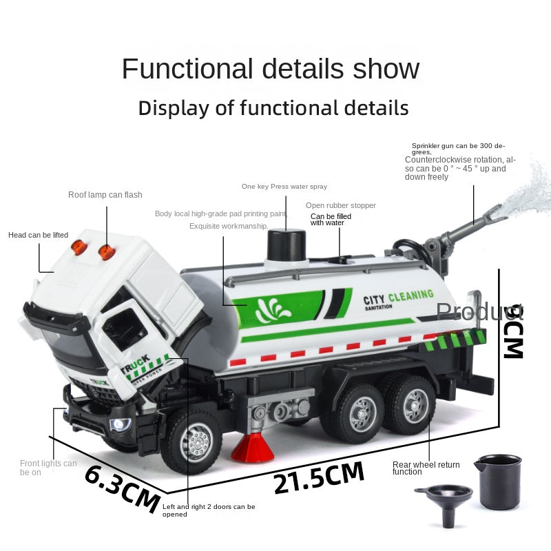XHD 1:35 Scale City Water Sprinkler Die-Cast Engineering Vehicle Model Toy - Press-to-Spray Water Function, Rotating & Lifting Water Gun, Opening Doors, Sound & Light, Pull-Back Function - Municipal Vehicle Collection