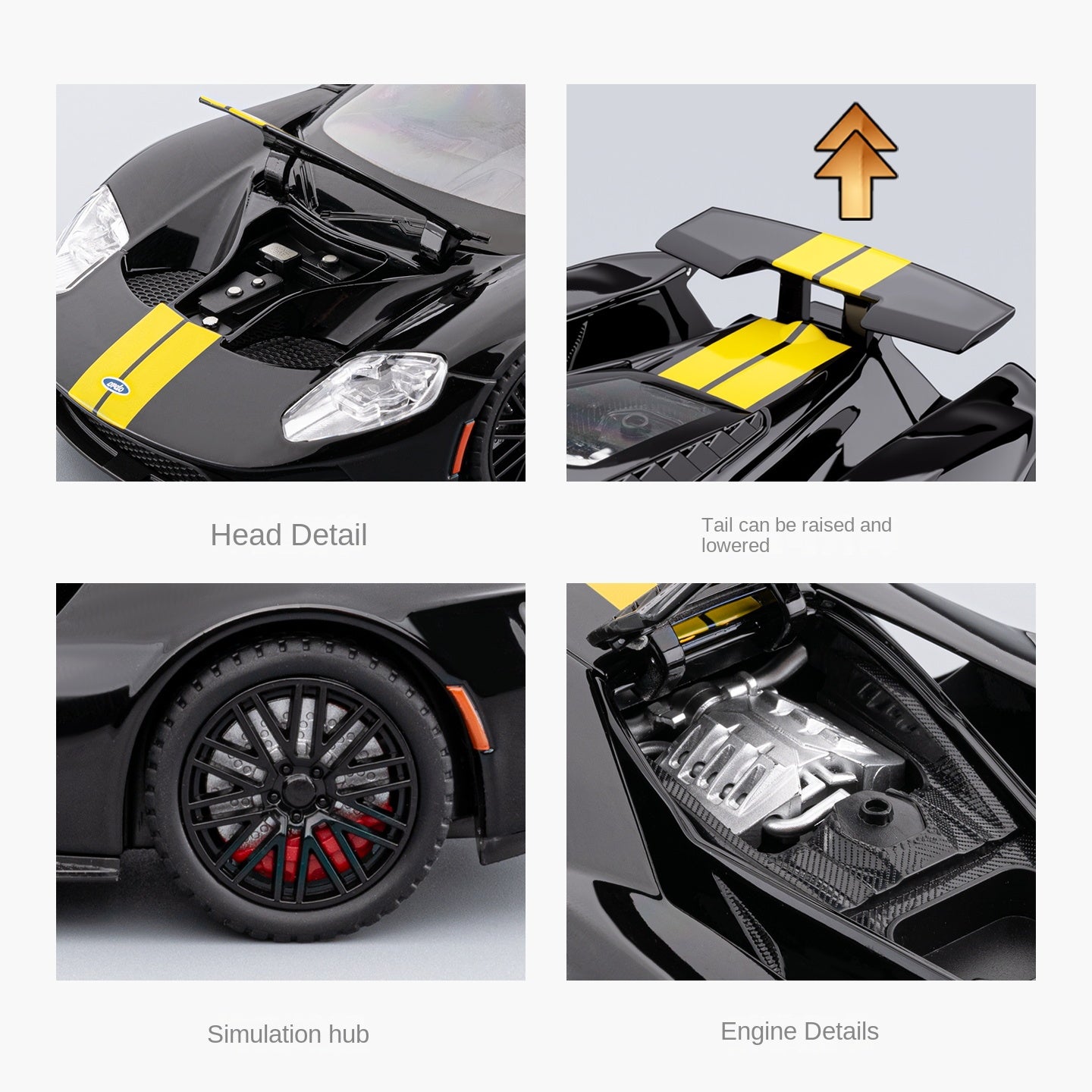 Chezhi 1:24 Scale Die-Cast Alloy Model Toy Compatible with Ford GT - Opening Doors, Sound & Light, Pull-Back Function, Shock Absorption, Steering, Horn & Adjustable Rear Wing - Supercar Collection