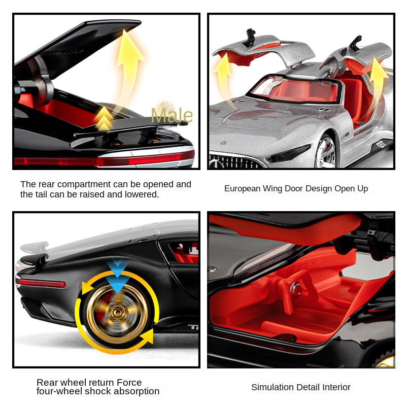 Mercedes-AMG Vision Gran Turismo a escala 1:32 XHD, modelo de aleación fundida a presión: puertas que se abren, sonido e iluminación, función de retroceso, amortiguación y alerón trasero ajustable. Colección de prototipos.