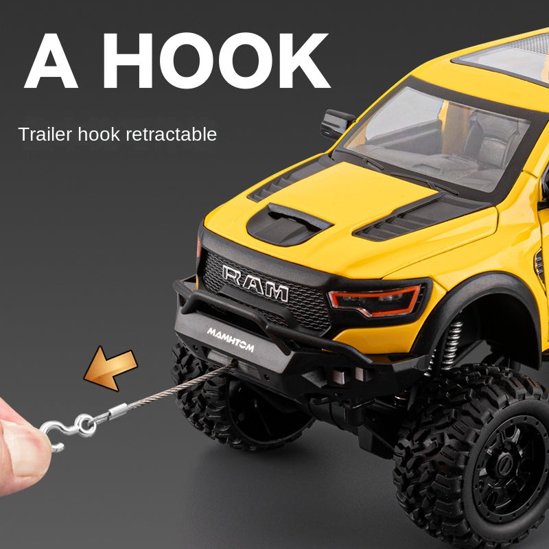 Chezhi 1:24 Die-Cast Alloy Model - Compatible with Dodge Ram Mammoth - Off-Road Pickup Truck with Truck Bed, Roof Rack & Tools, Opening Doors, Sound & Light, Pull-Back, Shock Absorption, Winch & Foldable Mirrors