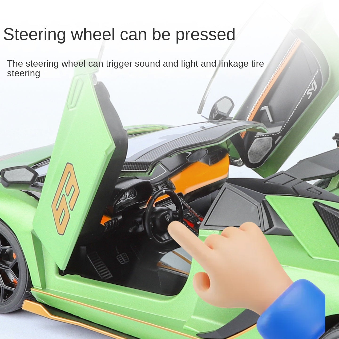 Lamborghini Aventador SVJ63 Black Mamba a escala 1:18, modelo de aleación fundida a presión con licencia: techo desmontable, puertas que se abren, sonido e iluminación, amortiguación, dirección y bocina. Colección de superdeportivos de edición limitada.