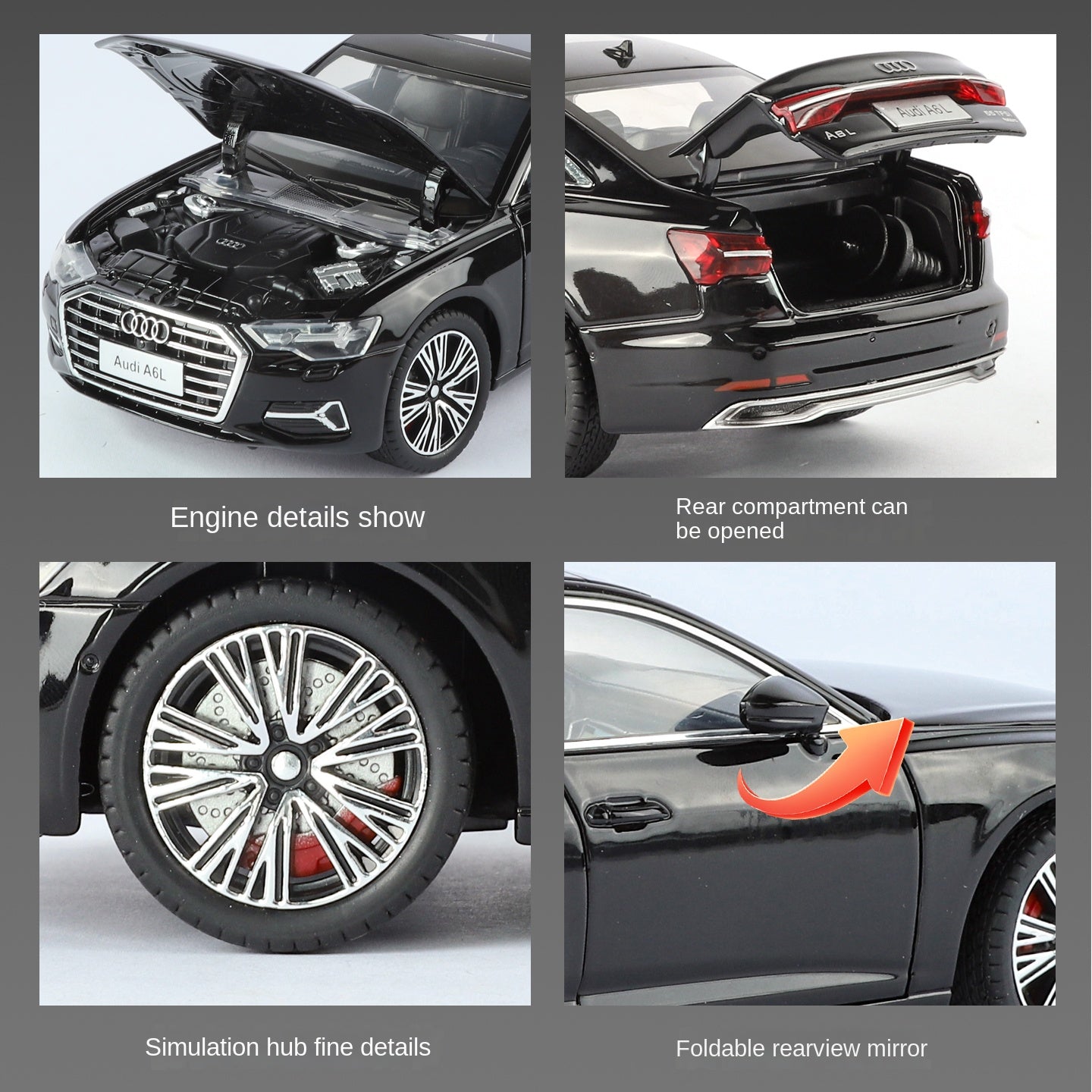 Audi A6L con licencia HaoChi a escala 1:24, modelo de aleación fundida a presión con parrilla y luces intermitentes. Puertas que se abren, sonido e iluminación, función de retroceso, amortiguación, dirección y bocina. Colección de sedanes de lujo.