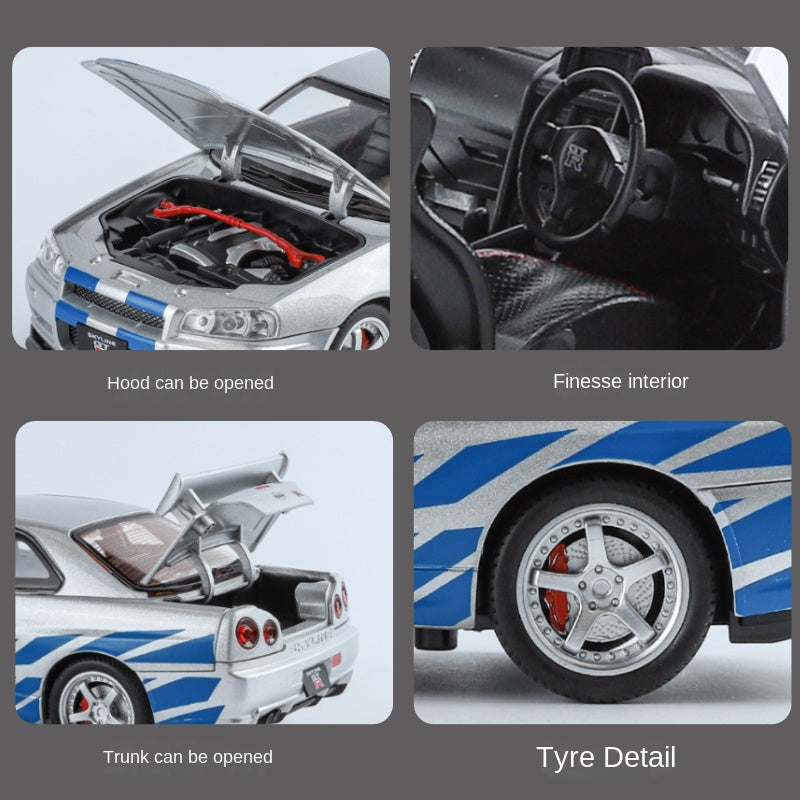 Jinglifang 1:24 Scale Die-Cast Alloy Model Toy Compatible with Nissan Skyline GT-R R34 - Opening Doors, Sound & Light, Pull-Back Function, Shock Absorption & Steering - JDM Sports Car Collection