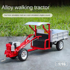 QiYi 1:16 Die-Cast Walk-Behind Tractor Model - Retro Farm Vehicle with Simulated Starting Crank, Coasting Action, Sound & Light, Steering, Liftable Trailer & Removable Tailgate