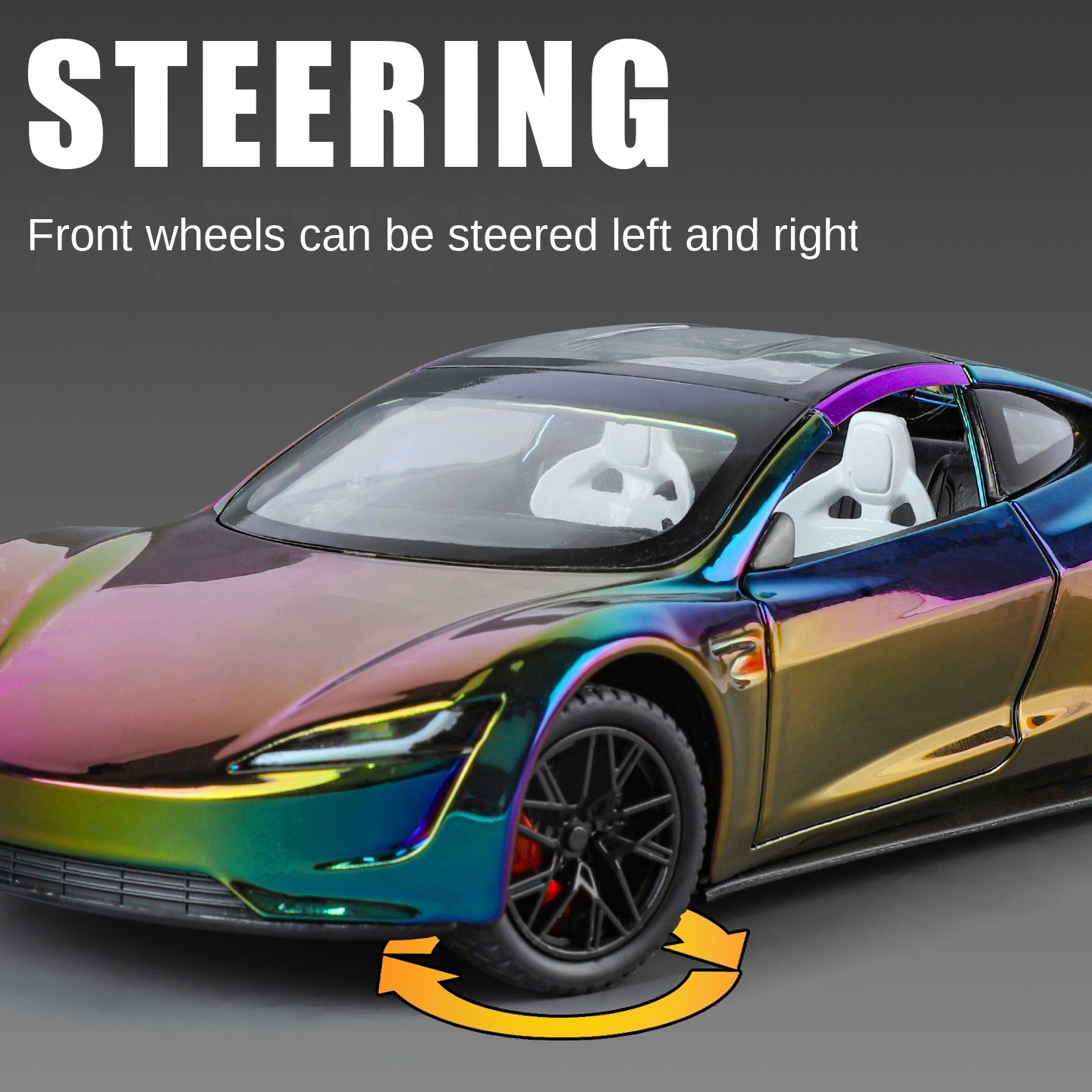 Tesla Roadster a escala 1:24, modelo de aleación fundida a presión, techo desmontable, puertas que se abren, sonido e iluminación, función de retroceso, amortiguación, dirección, bocina y alerón trasero ajustable. Colección de superdeportivos eléctricos.