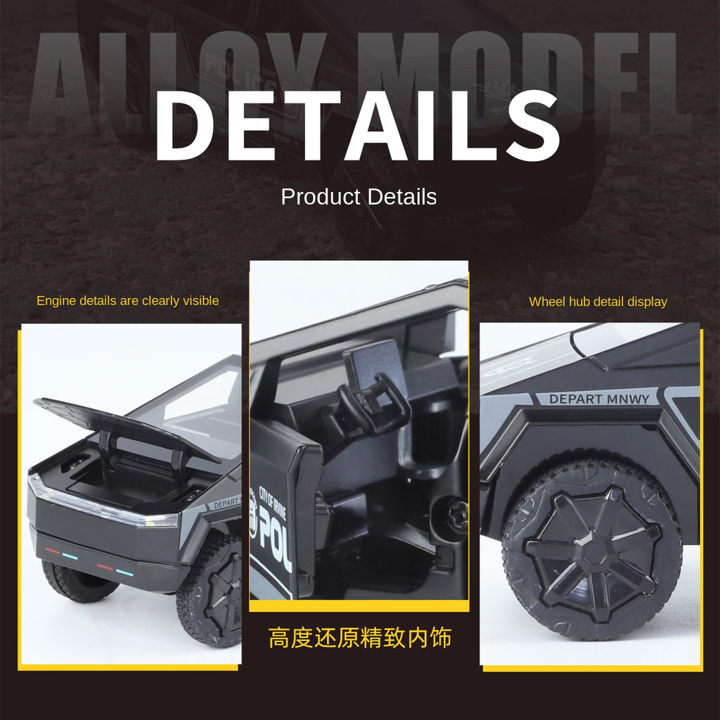 Tesla Cybertruck Police Edition - Maqueta de juguete de aleación fundida a presión a escala 1:32 XHD con motocicleta de juguete: puertas que se abren, sonido e iluminación, función de retroceso y amortiguación - Colección de vehículos policiales