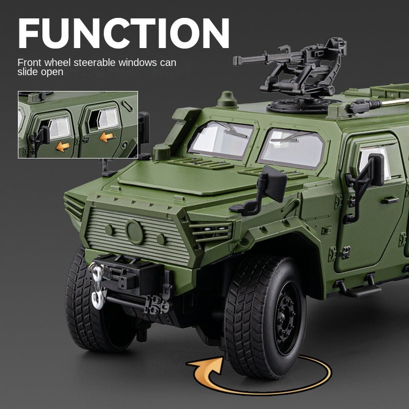 Chezhi 1:20 Armored Military Vehicle Alloy Model - Dongfeng Mengshi Style, with Extendable Winch, Opening Doors, Sound & Light, Pull-Back Action, Shock Absorption & Steering