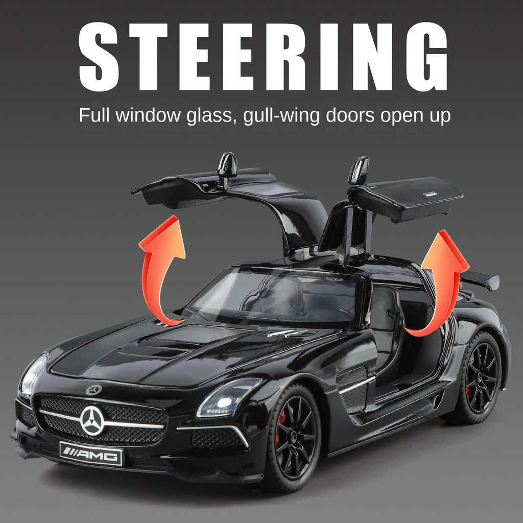 Juguete modelo de aleación fundida a presión XHD a escala 1:24 compatible con Mercedes-Benz SLS AMG: puertas que se abren, sonido e iluminación, función de retroceso, amortiguación, dirección, bocina y espejos plegables - Colección de superdeportivos