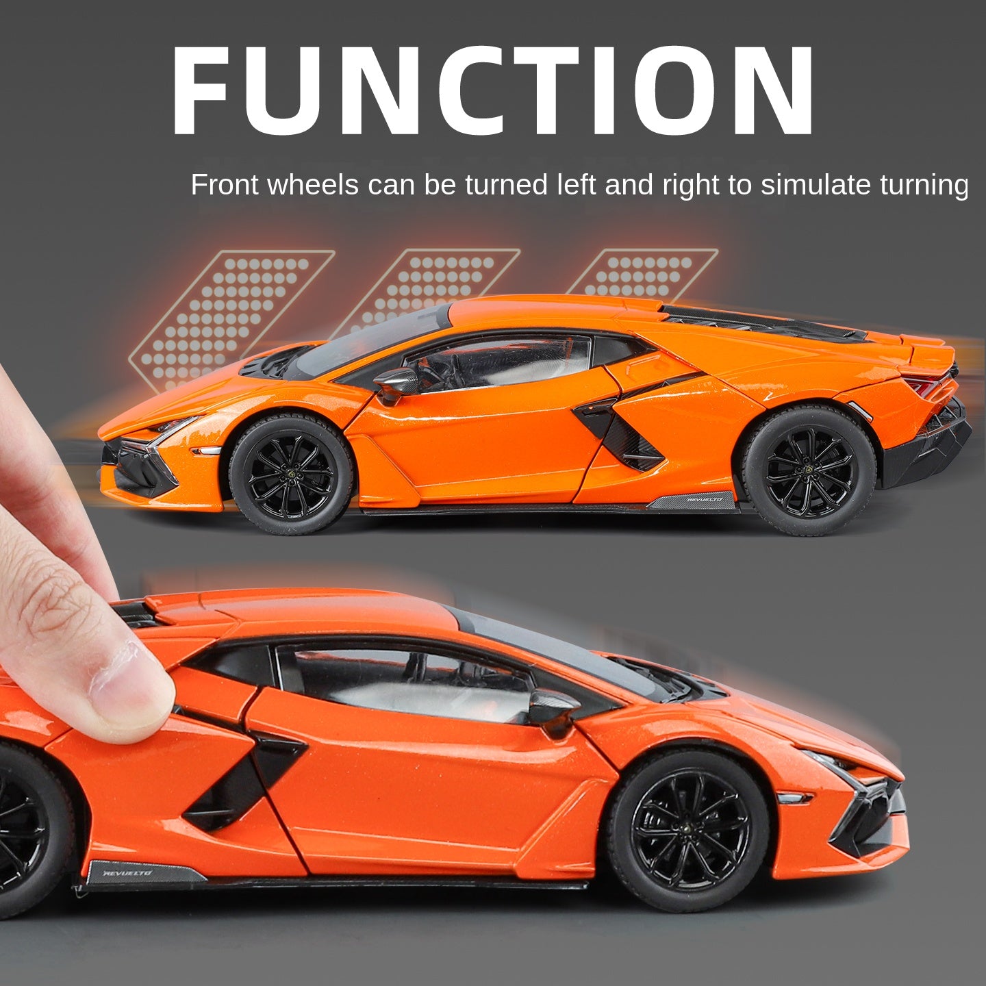 Black Mamba 1:24 Scale Licensed Lamborghini Revuelto Die-Cast Alloy Model Toy - Opening Doors, Sound & Light, Pull-Back Function, Shock Absorption, Steering, Horn & Adjustable Rear Wing - Hybrid Hypercar Collection