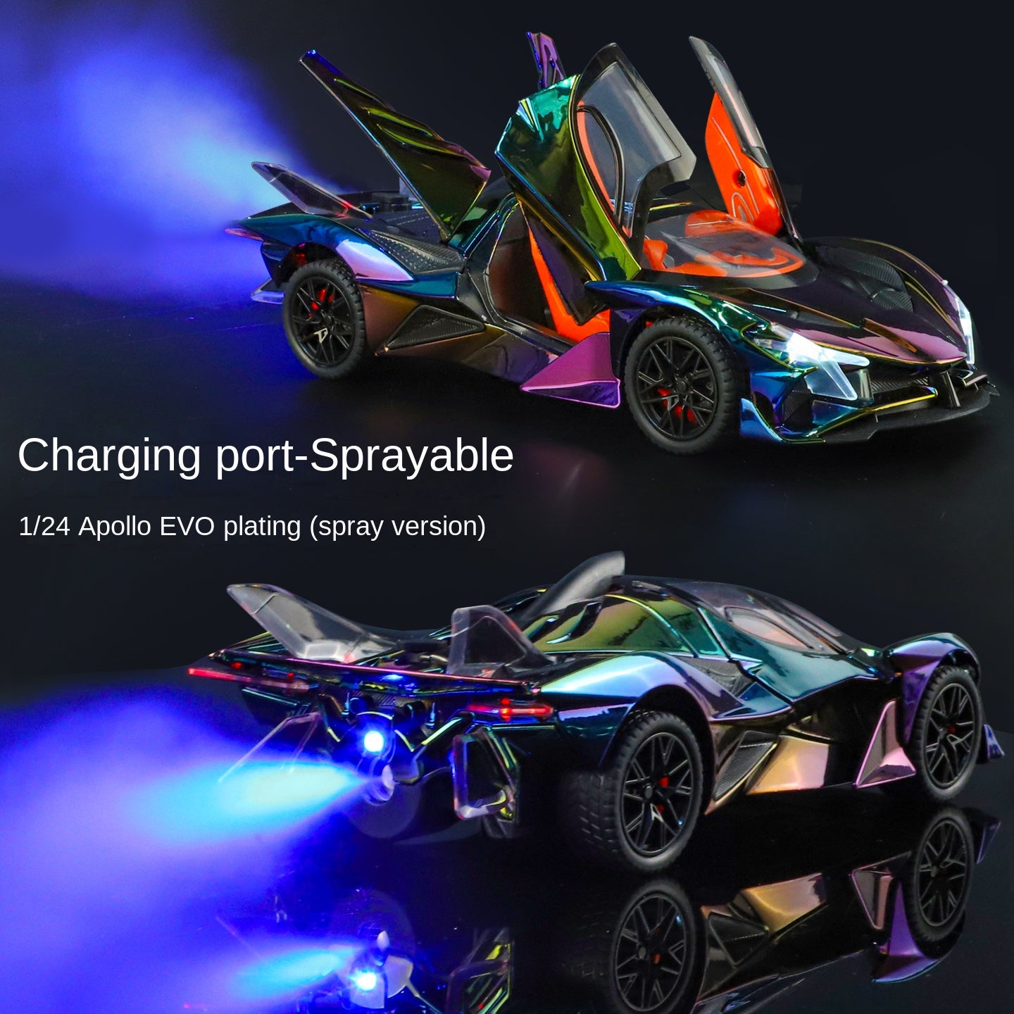 Apollo Intensa Emozione, modelo de aleación fundida a presión, edición cromada, escala 1:24, XHD: efecto humo, puertas que se abren, sonido e iluminación, función de retroceso y amortiguación - Colección Hypercar