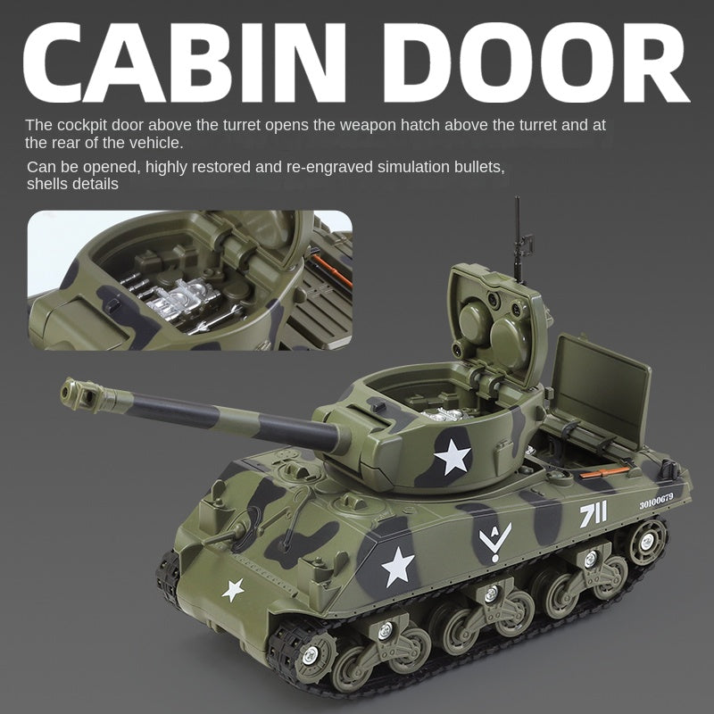 XHD 1:35 Die-Cast Alloy Model - Compatible with American M4 Sherman Tank - Feature-Packed with Smoke/Spray Effect, Sound & Light, Pull-Back Action & Removable Tracks