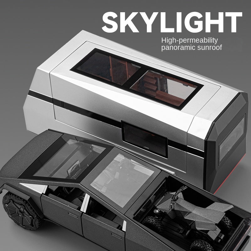 Chezhi 1:24 Scale Die-Cast Alloy Model Toy Set Compatible with Tesla Cybertruck + Camper Trailer + Mini Motorcycle - Opening Doors, Sound & Light, Pull-Back Function - Electric Adventure Collection