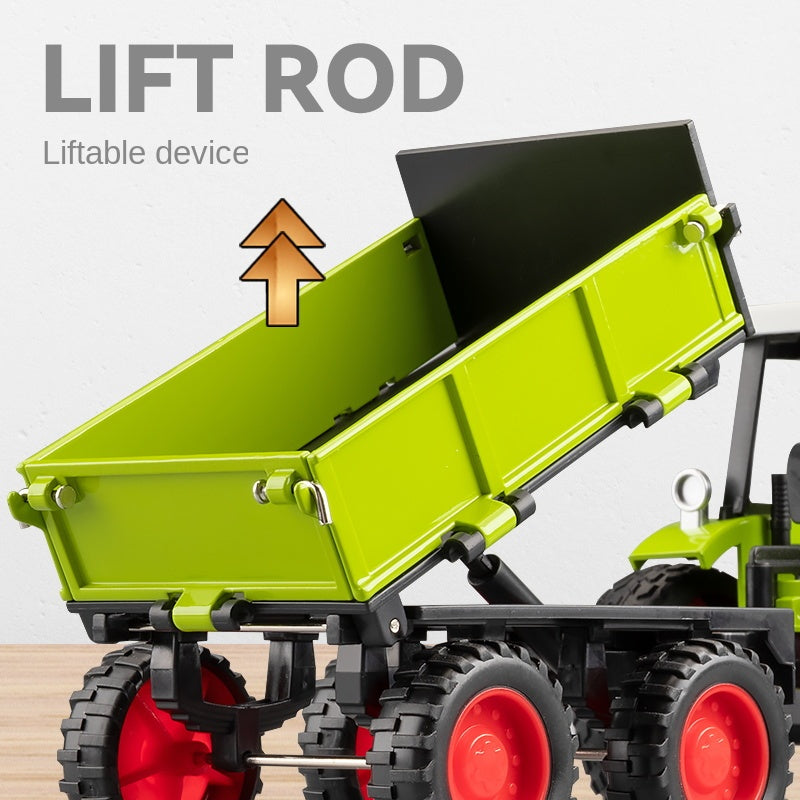 1:24 Die-Cast Alloy Tractor Model - Farm Vehicle with Simulated Starting Crank, Sound & Light, Pull-Back Action, Liftable Trailer & Lowerable Tailgate