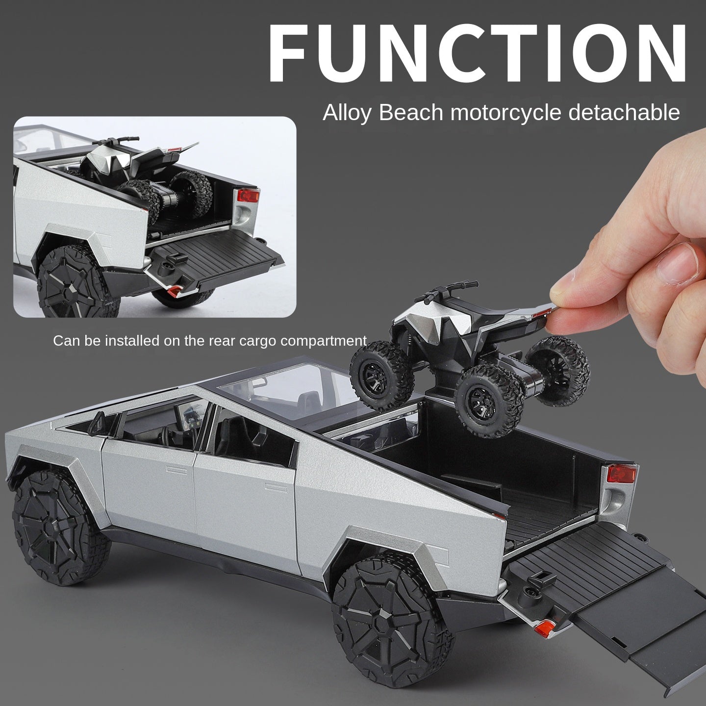 Modelo de juguete de aleación Tesla Cybertruck Camper a escala 1:24 XHD con minimoto, estación de carga y accesorios - Colección de vehículos eléctricos de aventura