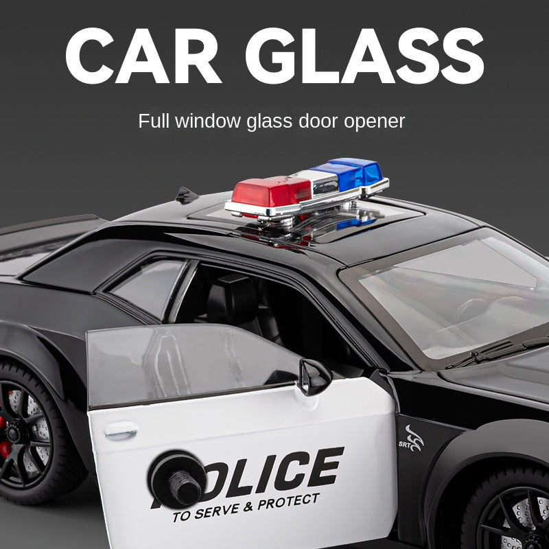 Chezhi 1:24 Die-Cast Alloy Model - Compatible with Dodge Challenger SRT Hellcat - Police Pursuit Vehicle with Opening Doors, Sound & Light, Pull-Back Action, Shock Absorption, Steering, Police Lights & Siren