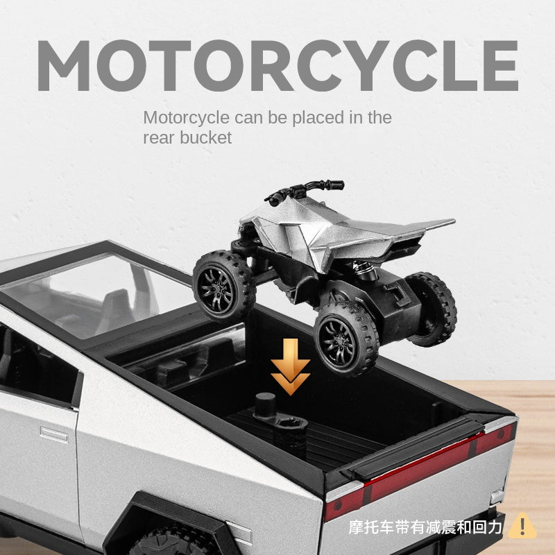 Chezhi 1:32 Scale Die-Cast Alloy Model Toy Compatible with Tesla Cybertruck - with Mini Motorcycle, Opening Doors, Sound & Light, Pull-Back Function - Electric Truck Collection