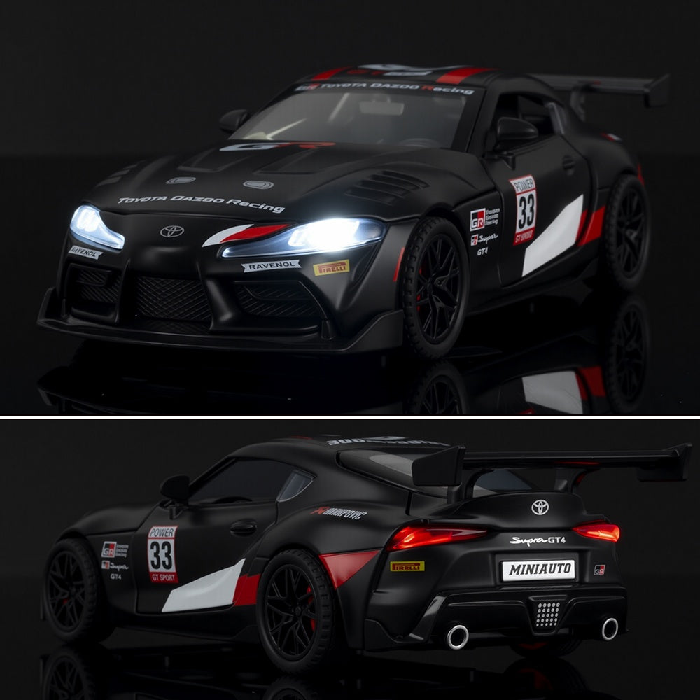 Jianyuan 1:32 Licensed Toyota GR Supra GT4 Die-Cast Alloy Model - Official GT4 Race Car with Opening Doors, Sound & Light, Pull-Back Action, Horn & Foldable Mirrors