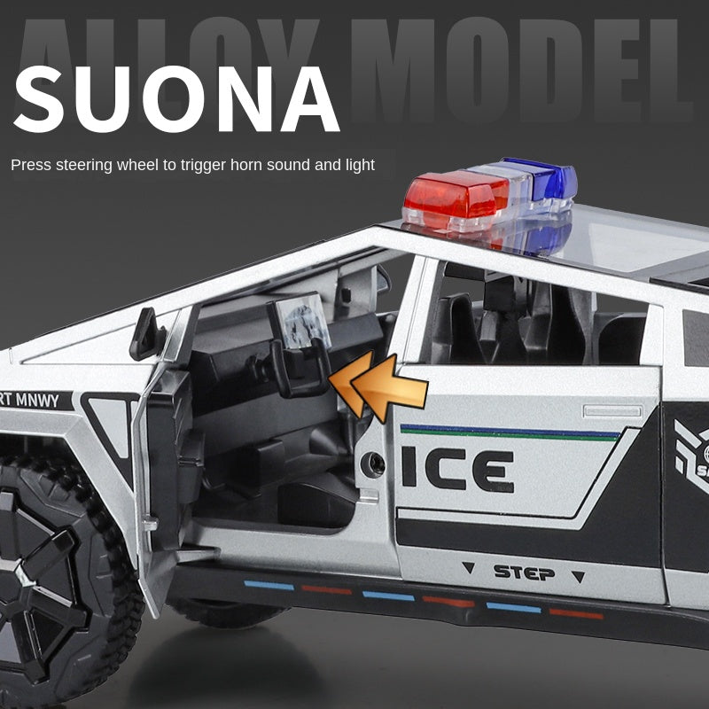 XHD 1:24 Tesla Cybertruck Police Model - Includes Mini Motorcycle, with Sound & Light, Opening Doors, Pull-Back, Shock Absorption & Steering