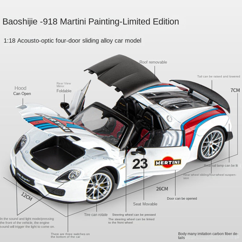 OK 1:18 Scale Die-Cast Alloy Model Toy Compatible with Porsche 918 Martini Racing Edition - Removable Roof, Opening Doors, Sound & Light, Shock Absorption, Steering, Horn & Adjustable Rear Wing - Hybrid Hypercar Collection