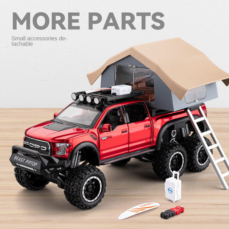 Chezhi 1:24 Scale Ford F-150 Raptor 6x6 RV Die-Cast Alloy Model Toy with Roof Accessories & Observation Cabin - Opening Doors, Sound & Light, Pull-Back Function & Shock Absorption - Adventure Camper Collection