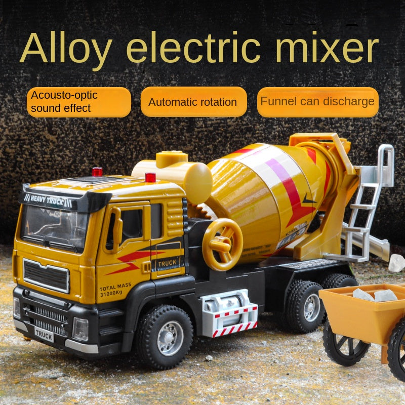 QiYi 1:40 Die-Cast Electric Cement Mixer Truck Model - Construction Vehicle Toy with Simulated Push Cart & Gravel, Opening Doors, Sound & Light, Pull-Back Action & Horn