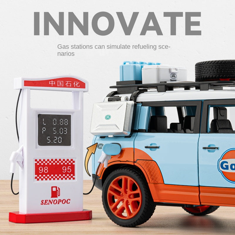 Beleying 1:24 Die-Cast Alloy Model - Compatible with Land Rover Defender - Gulf Oil / Camel Trophy Limited Edition with Roof Rack, Opening Doors, Sound & Light, Pull-Back Action & Shock Absorption