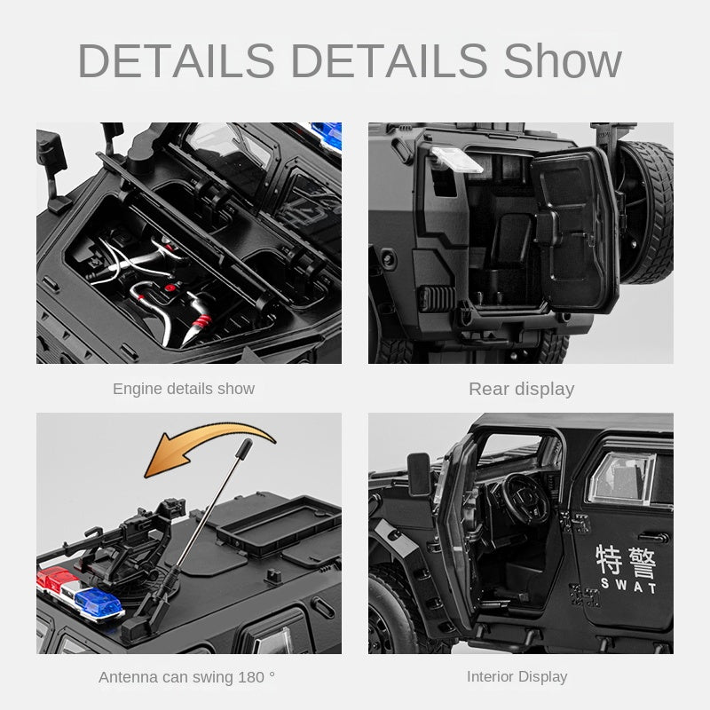 Chezhi 1:20 Die-Cast Alloy Police Car Model - Dongfeng Mengshi Style, with Extendable Winch, Opening Doors, Sound & Light, Pull-Back Action, Shock Absorption & Steering