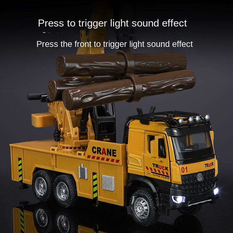 XHD 1:35 Scale Mobile Crane Engineering Vehicle Die-Cast Alloy Model Toy with Simulated Logs - Extendable & Elevating Boom, Opening Doors, Sound & Light, Pull-Back Function - Construction Vehicle Collection