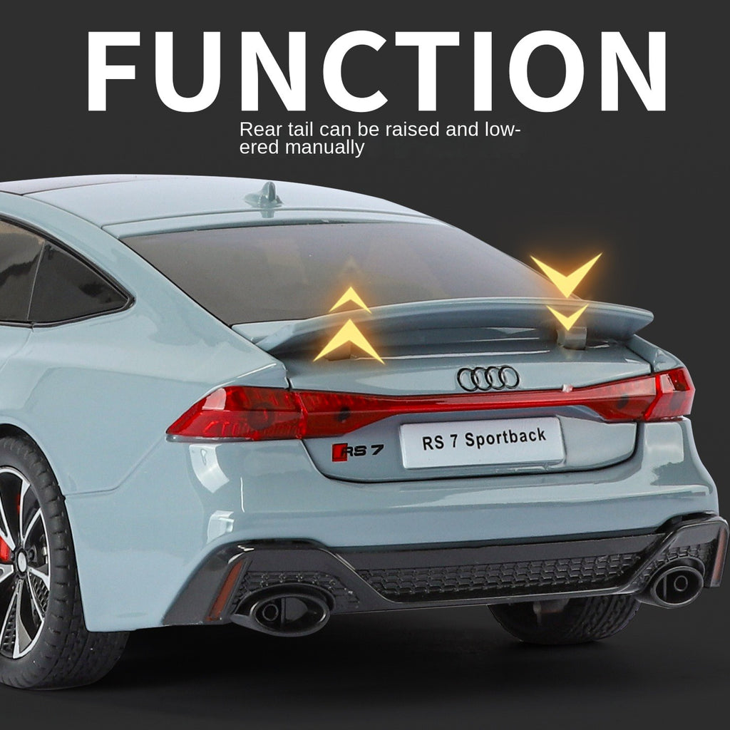 HaoChi 1:24 Scale Licensed Audi RS7 with Grille Flashing Lights Die-Cast Alloy Model Toy - Opening Doors, Sound & Light, Pull-Back Function, Shock Absorption, Steering, Horn & Adjustable Rear Wing - Sports Car Collection