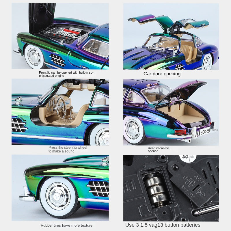 Jin Lifang 1:24 Chrome Edition Die-Cast Alloy Model - Compatible with Mercedes-Benz 300SL Gullwing - Classic Icon with Opening Doors, Sound & Light, Pull-Back Action, Shock Absorption & Interactive Steering