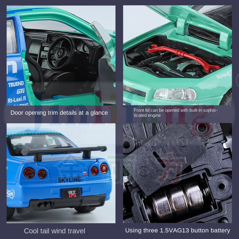 Jin Lifang 1:32 Die-Cast Alloy Model - Compatible with Nissan Skyline GT-R (R34) - JDM Icon with Racing Livery, Opening Doors, Sound & Light & Pull-Back Action