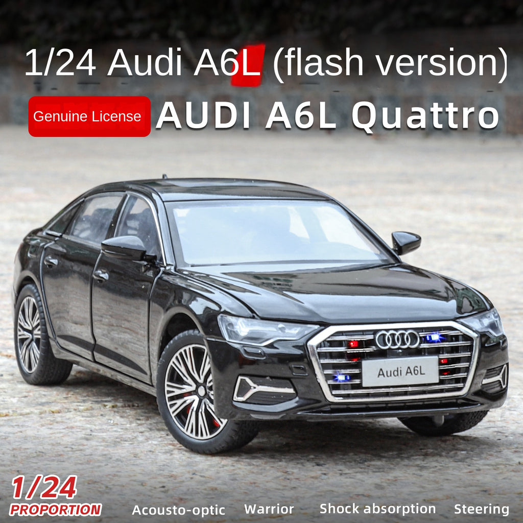 Audi A6L con licencia HaoChi a escala 1:24, modelo de aleación fundida a presión con parrilla y luces intermitentes. Puertas que se abren, sonido e iluminación, función de retroceso, amortiguación, dirección y bocina. Colección de sedanes de lujo.