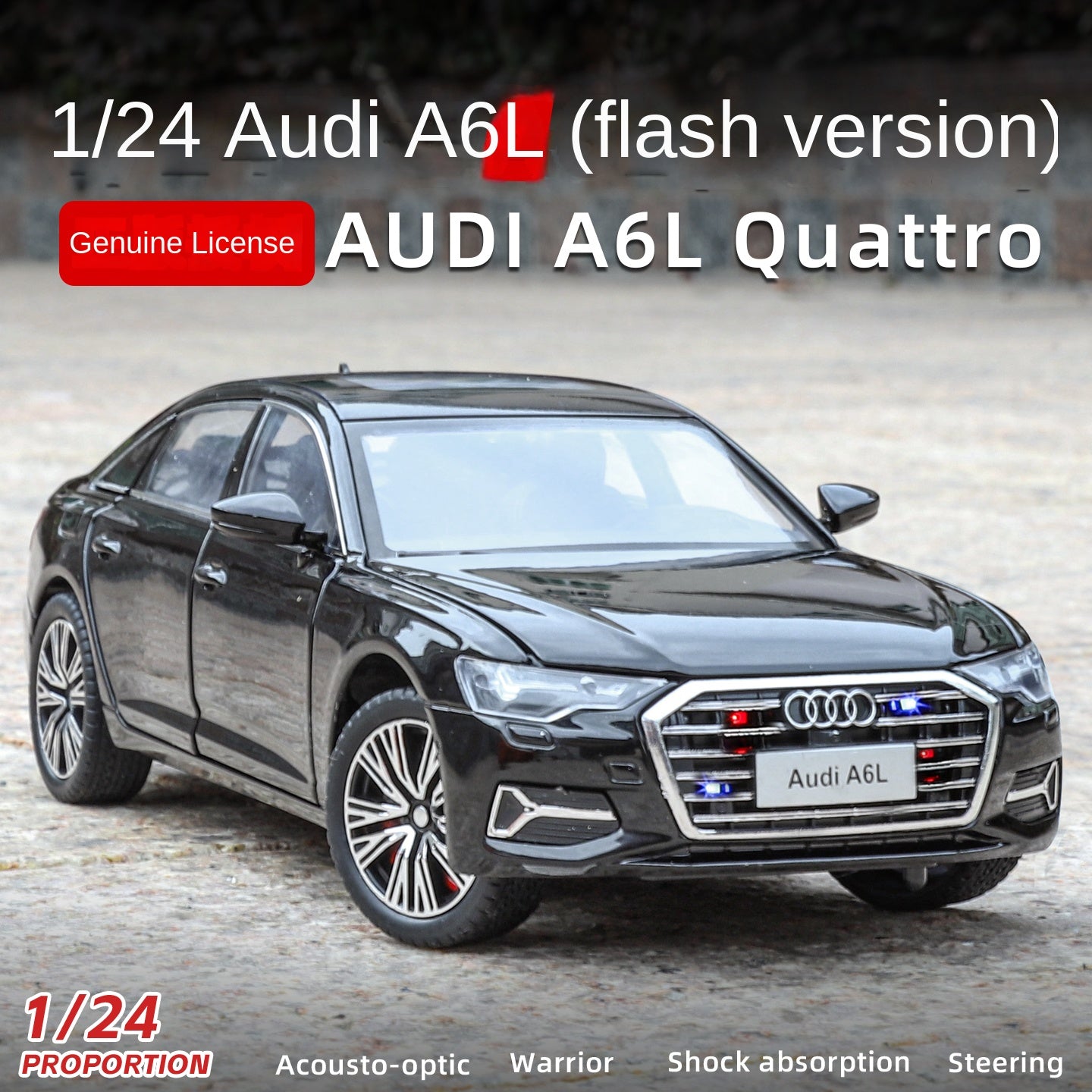 Audi A6L con licencia HaoChi a escala 1:24, modelo de aleación fundida a presión con parrilla y luces intermitentes. Puertas que se abren, sonido e iluminación, función de retroceso, amortiguación, dirección y bocina. Colección de sedanes de lujo.