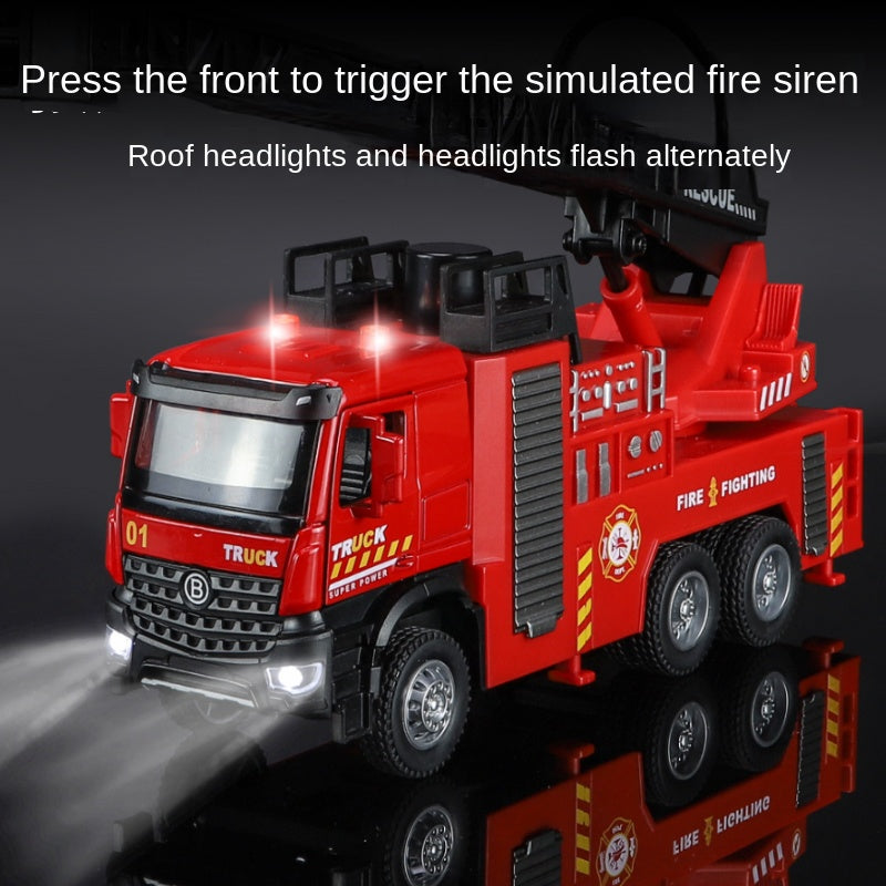 XHD 1:35 Scale Aerial Ladder Fire Truck Die-Cast Alloy Model Toy - Press-to-Spray Water, Extendable & Elevating Ladder, Opening Doors, Sound & Light, Pull-Back Function - Emergency Rescue Collection