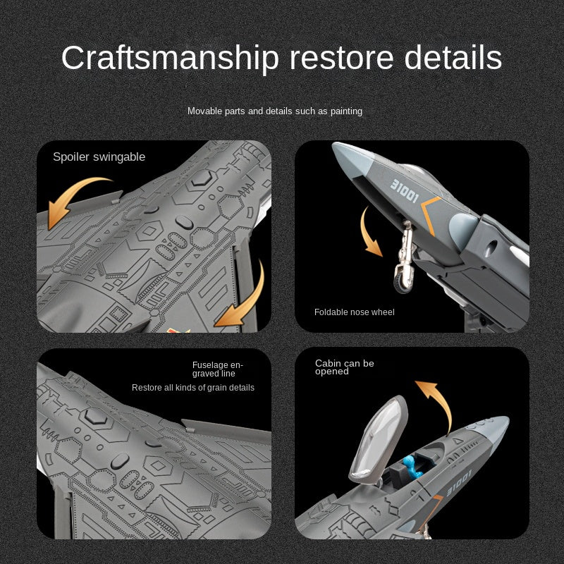 Chezhi 1:68 Scale Licensed J-31 Stealth Fighter Die-Cast Alloy Aircraft Model with Display Stand - Ejectable Missiles, Opening Hatches, Sound & Light, Pull-Back Function - Official Military Aircraft Collection