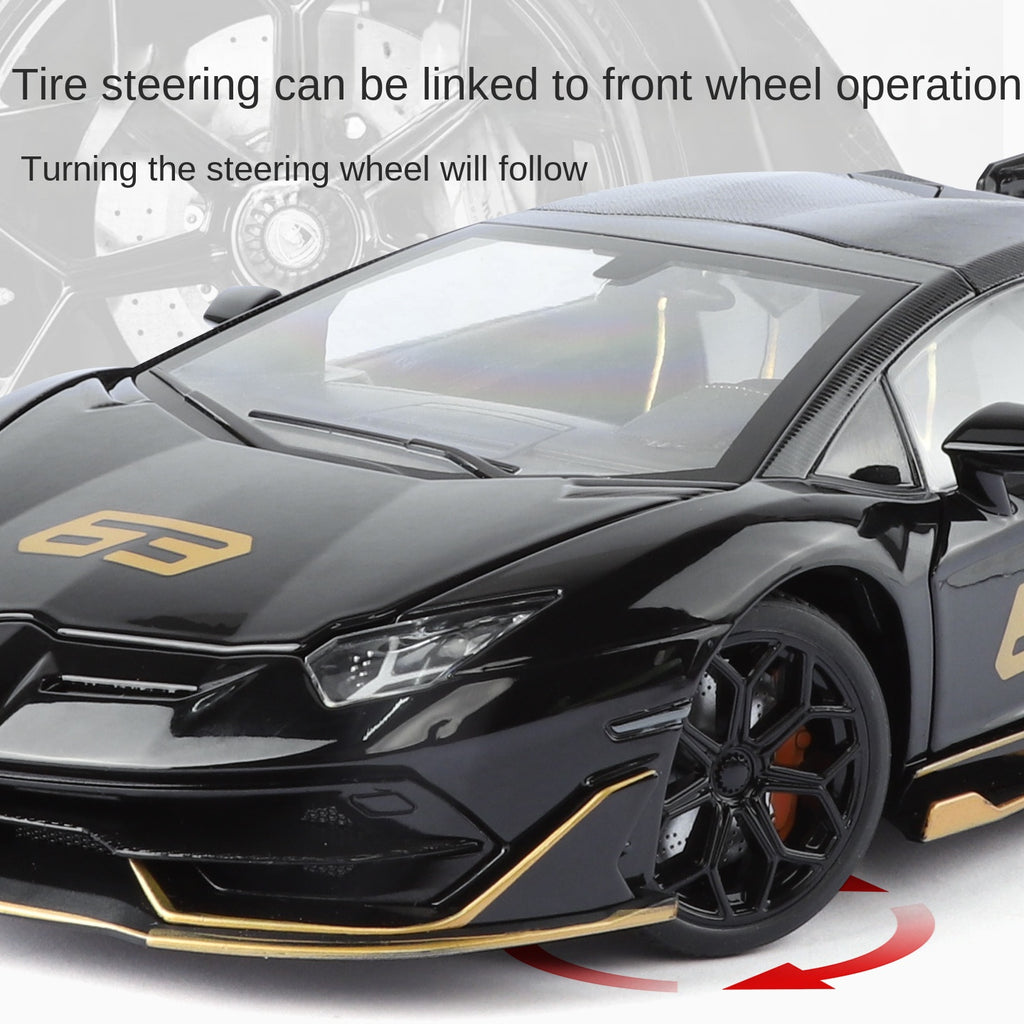Lamborghini Aventador SVJ63 Black Mamba a escala 1:18, modelo de aleación fundida a presión con licencia: techo desmontable, puertas que se abren, sonido e iluminación, amortiguación, dirección y bocina. Colección de superdeportivos de edición limitada.