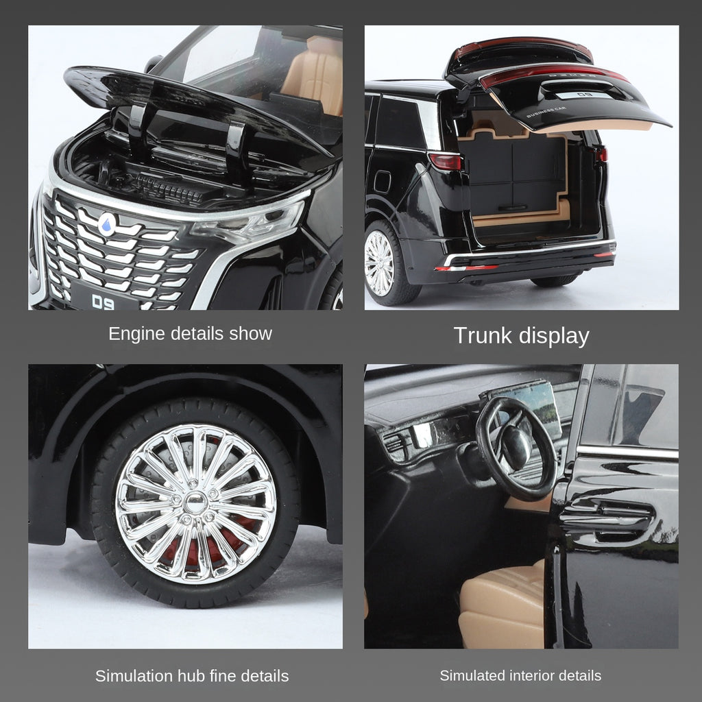 Juguete modelo ZGTX de aleación fundida a presión a escala 1:24 compatible con Denza D9: puertas que se abren, sonido e iluminación, función de retroceso, amortiguación, dirección y bocina. Colección de monovolúmenes de lujo.