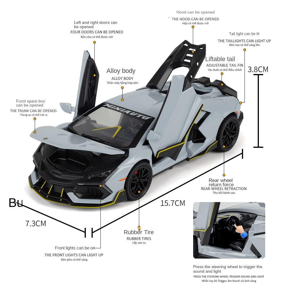 Jianyuan 1:32 Scale Die-Cast Alloy Model Toy Compatible with Mansory Lamborghini Aventador - Opening Doors, Sound & Light, Pull-Back Function, Horn & Adjustable Rear Wing - Tuned Supercar Collection