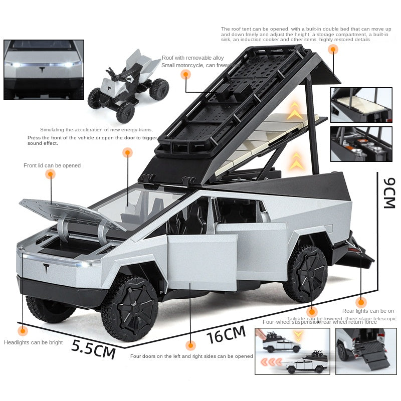 XHD 1:32 Die-Cast Alloy Model - Compatible with Tesla Cybertruck Camper - Off-Grid Camping Set with Mini Motorcycle, Opening Doors, Sound & Light, Pull-Back Action & Shock Absorption