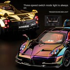 Maqueta de juguete de aleación fundida a presión XHD a escala 1:24, edición cromada, compatible con Pagani Huayra BC: puertas que se abren, sonido e iluminación, función de retroceso, amortiguación, dirección y bocina - Colección Hypercar