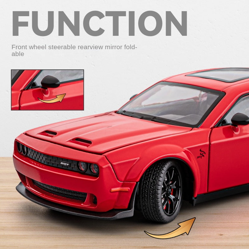Chezhi 1:24 Scale Die-Cast Alloy Model Toy Compatible with Dodge Challenger Hellcat - Opening Doors, Sound & Light, Pull-Back Function, Shock Absorption, Steering, Horn & Foldable Mirrors - Muscle Car Collection