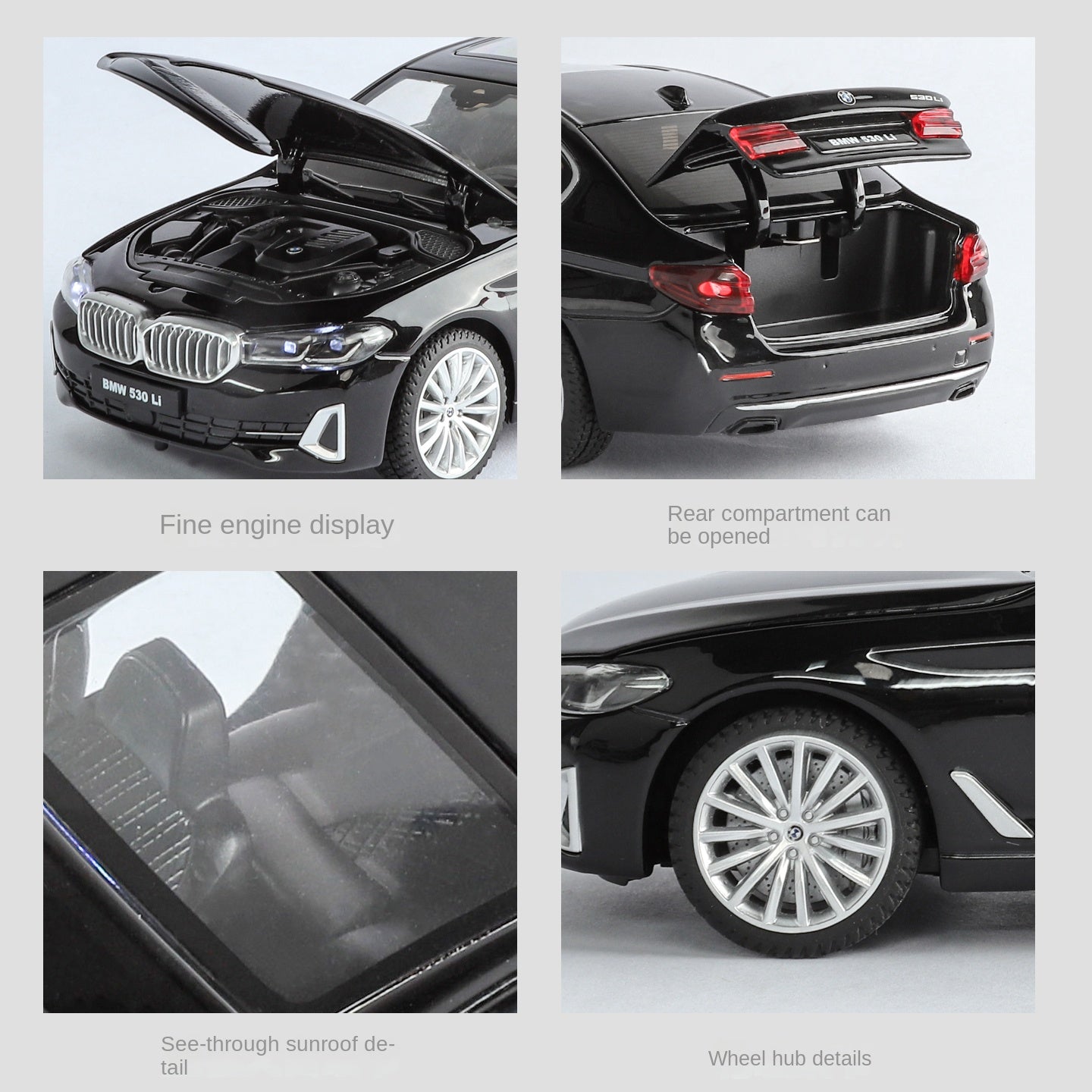 Black Mamba 1:24 Scale Licensed BMW 530Li Die-Cast Alloy Model Toy - Opening Doors, Sound & Light, Pull-Back Function, Shock Absorption, Steering, Horn & Adjustable Seats - Luxury Sedan Collection