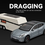 Chezhi 1:24 Die-Cast Alloy Model - Compatible with Tesla Model 3 & Travel Trailer - Electric Vehicle Caravan Set with Opening Doors, Sound & Light, Pull-Back Action, Shock Absorption & Steering