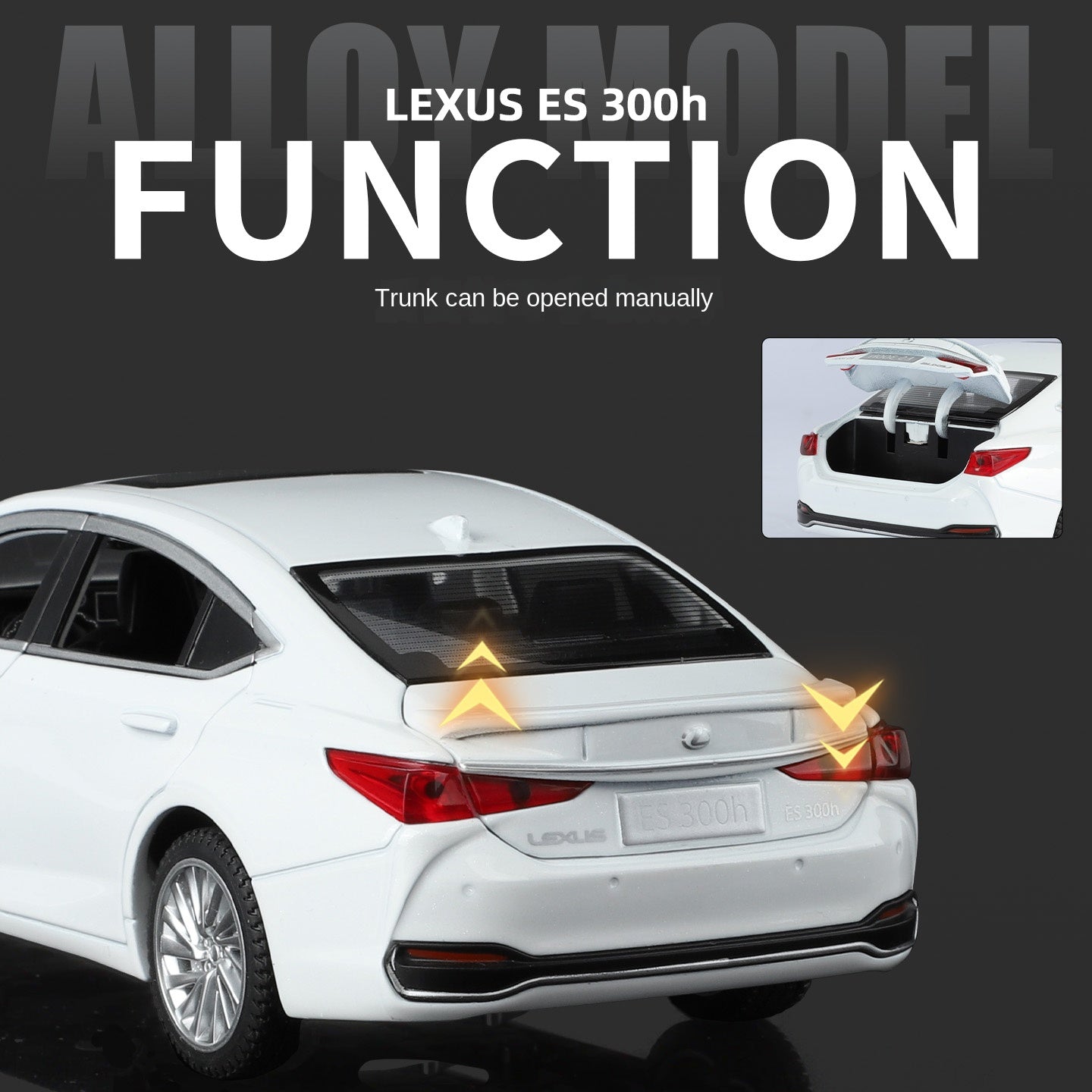 Juguete modelo de aleación fundida a presión a escala 1:24 compatible con Lexus ES300h: puertas que se abren, sonido e iluminación, función de retroceso, amortiguación, dirección, bocina y espejos plegables. Colección de sedanes de lujo.