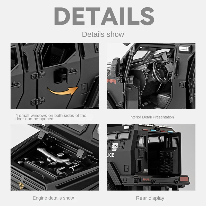 Chezhi 1:32 Licensed “Sabertooth” Armored Riot Control Vehicle Die-Cast Alloy Model - Official Police Tactical Vehicle with Opening Doors, Sound & Light, Pull-Back Action, Shock Absorption & Foldable Running Board