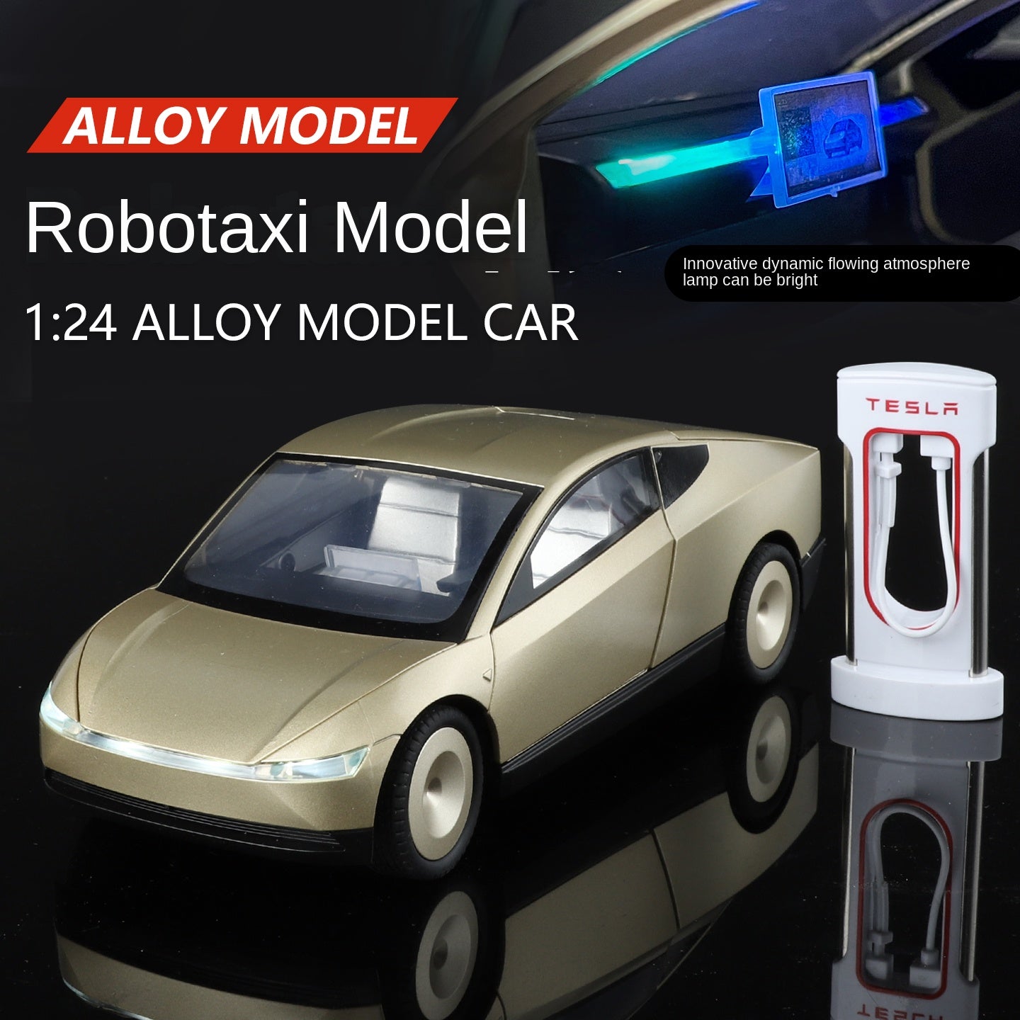 XHD 1:24 Scale Tesla Robotaxi Die-Cast Alloy Model Toy - Opening Doors, Sound & Light, Pull-Back Function, Shock Absorption & Steering - Autonomous Vehicle Collection
