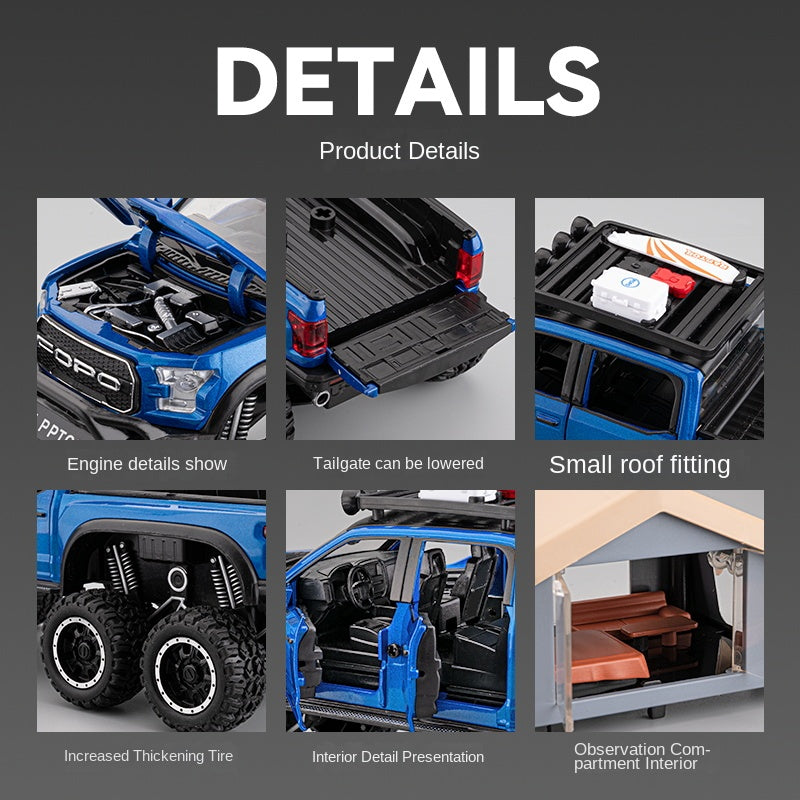 Chezhi 1:24 Scale Ford F-150 Raptor 6x6 RV Die-Cast Alloy Model Toy with Roof Accessories & Observation Cabin - Opening Doors, Sound & Light, Pull-Back Function & Shock Absorption - Adventure Camper Collection
