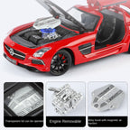 Juguete modelo de aleación fundida a presión XHD a escala 1:24 compatible con Mercedes-Benz SLS AMG: puertas que se abren, sonido e iluminación, función de retroceso, amortiguación, dirección, bocina y espejos plegables - Colección de superdeportivos