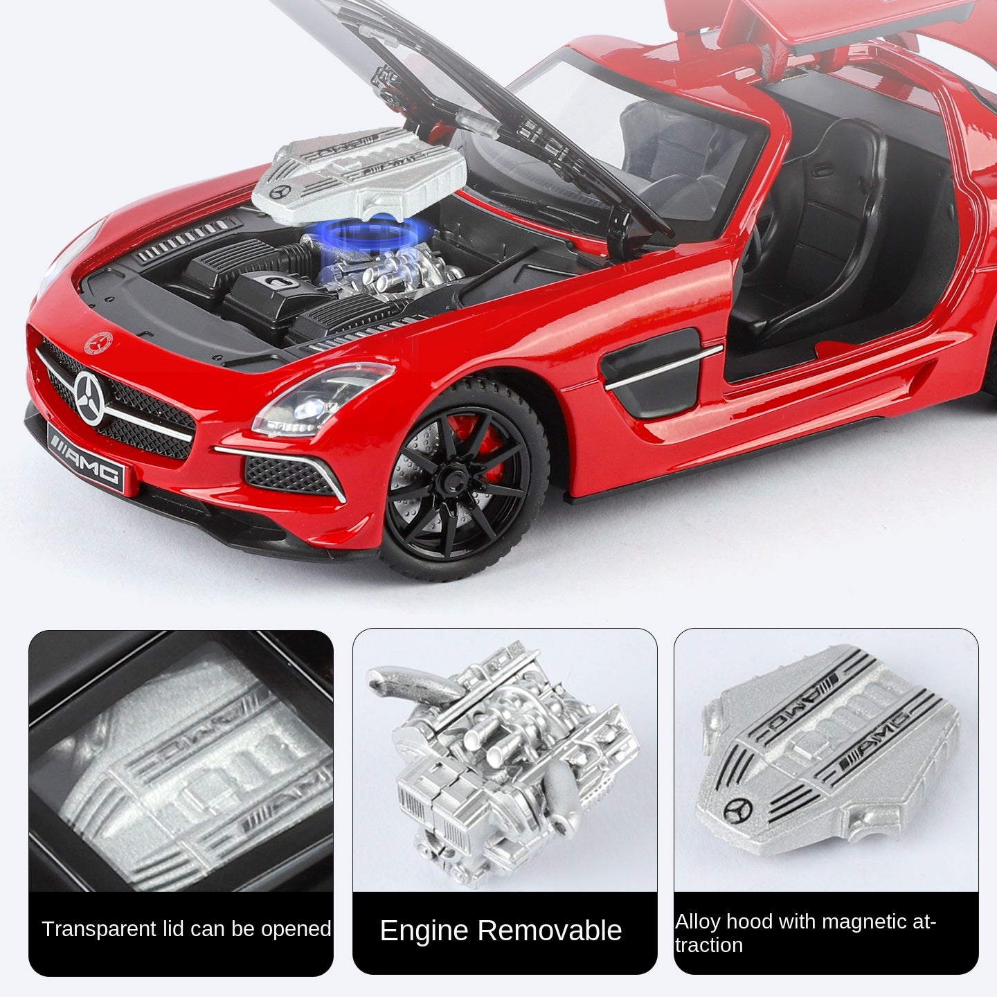 Juguete modelo de aleación fundida a presión XHD a escala 1:24 compatible con Mercedes-Benz SLS AMG: puertas que se abren, sonido e iluminación, función de retroceso, amortiguación, dirección, bocina y espejos plegables - Colección de superdeportivos